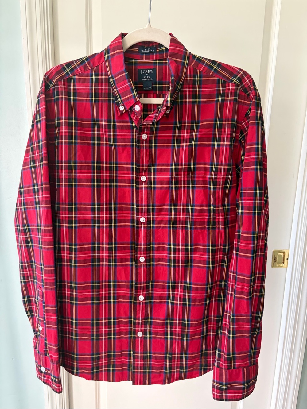 J. Crew Red Plaid Button-Down Shirt with Green and Yellow Accents